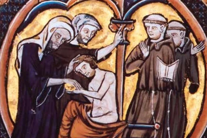Franciscaanse broeders zijn getuige van het kathaarse consolamentum. Tweede helft van de dertiende eeuw, Bibliothèque nationale de France.