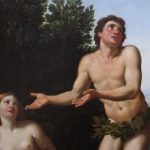 In adamskostuum - Adam verbergt zijn naaktheid (detail van schilderij van Domenichino)
