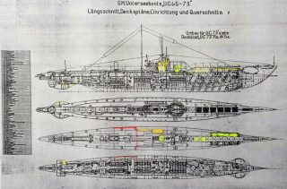 De bouwtekening van het onderzeeboottype waartoe de UC-69 behoort. (Defensie)