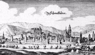Het Schmalkaldisch Verbond - Schmalkalden op een tekening van Matthäus Merian uit 1655