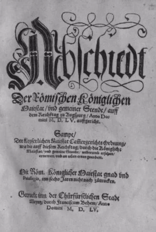 Voorpagina van de Godsdienstvrede van Augsburg (1555)