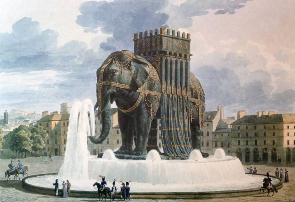 Tekening van de ''Olifant van de Bastille' van de hand van architect Jean-Antoine Alavoine