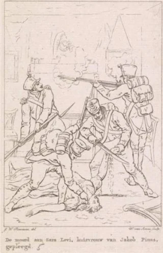 De moord op Sara Levi door Franse soldaten, 1813. Ets van Willem van Senus naar een tekening van Jan Willem Pieneman.