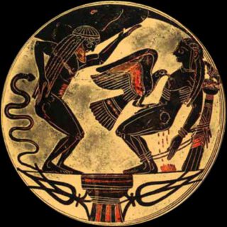 Zwartfigurig aardewerk (ca. 550 v.Chr.) met de aan een zuil vastgebonden Prometheus die zijn straf ondergaat