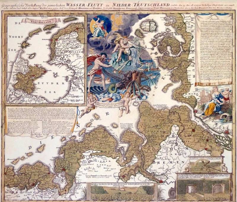 De Kerstvloed 1717 op een kaart uit 1720 van de Neurenberger cartograaf J.B, Homann. Volgens hedendaagse deskundigen heeft hij de omvang zwaar overdreven.