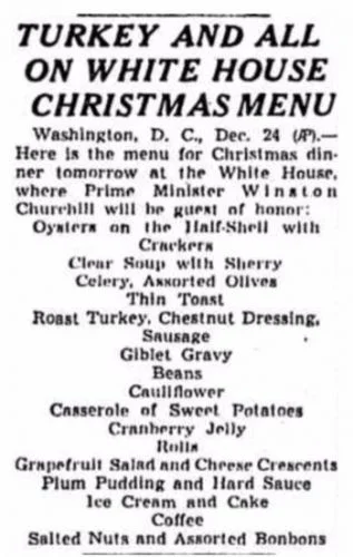 Het kerstmenu van het Witte Huis zoals dat in de krant werd gepubliceerd. (Chicago Tribune)