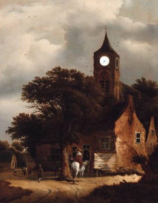 Reizigers bij een herberg aan de rand van een dorp, een kerk voorbij, Roelof Jansz. van Vries