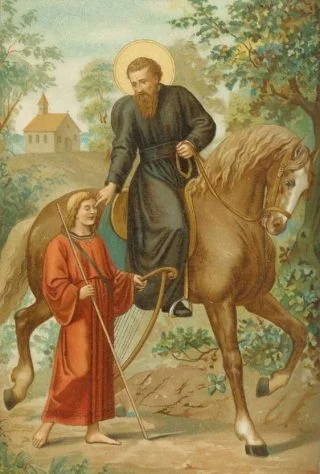 De heilige Liudger geneest de blinde zanger Bernlef (afbeelding uit 'Neerlands heiligen in vroeger eeuwen' van J.A.F. Kronenburg, 1904)