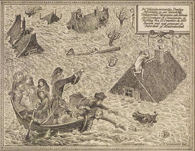 Dramatische illustratie van de verwonderenswaardige, droevige, schrikkelike en seer schaadelige Midwintervloed van 1717, geïnspireerd door het ‘Historis Verhaal’ van E.A. Crous. (ongedateerd, onbekende bron)