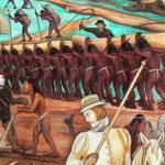 Detail van een muurschildering van Diego Rivera over de uitbuiting door conquistadores