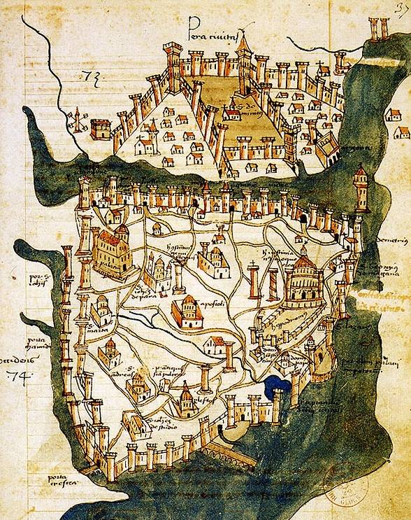 Constantinopel in 1422 (Pera op bovenste helft van de afbeelding)