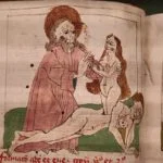 Eva wordt geboren uit de rib van de man - Speculum hamanae salvationis - Handschrift, Keulen, ca. 1450