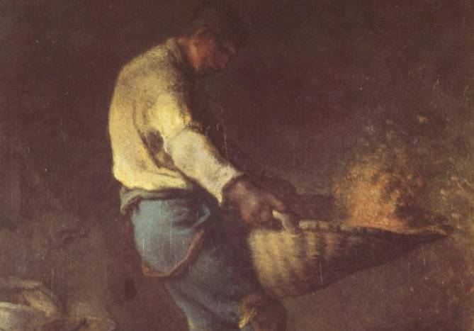 Een boer scheidt het kaf van het koren met een wan (Jean-François Millet, ca. 1846)