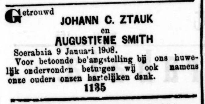 Huwelijksadvertentie - Soerabaijasch Handelsblad, 10 januari 1908