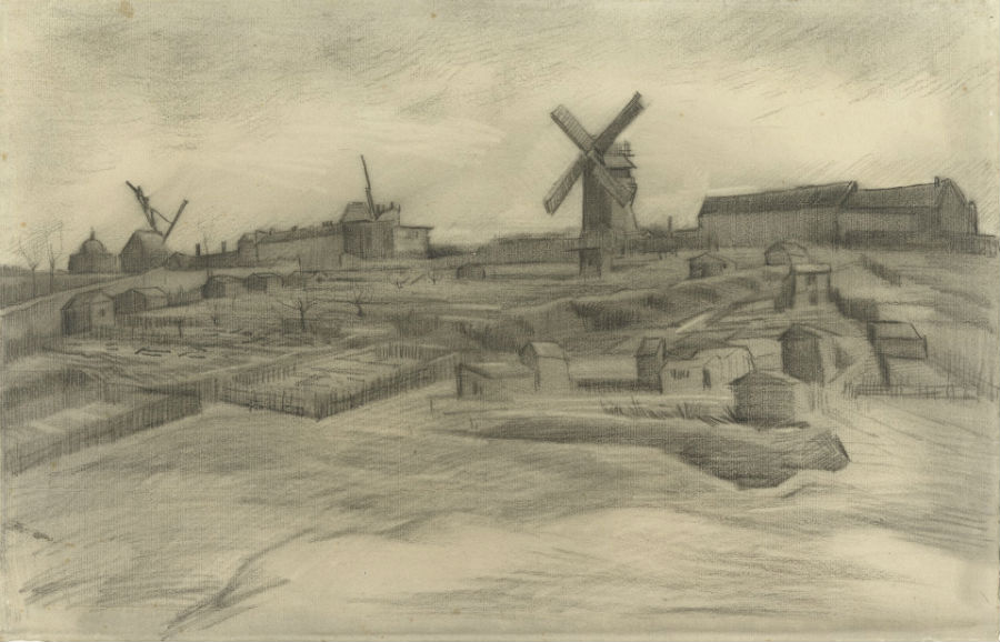 De tekening uit de collectie van het Van Gogh Museum: De heuvel van Montmartre - Vincent van Gogh, 1886 (Van Gogh Museum)