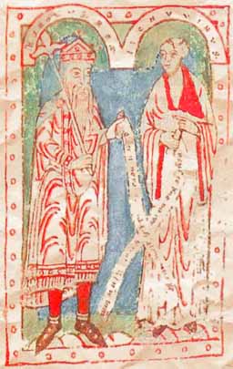 Karel de Grote (links) en Alcuinus (12e-eeuwse illuminatie)