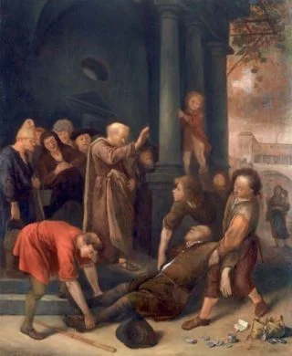 Jan Steen, De dood van Ananias, 1651. Paneel, 45 x 36 cm. Matthiesen Gallery, Londen