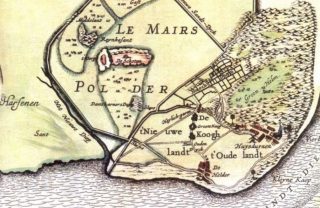 Le Mairs polder bij Den Helder. Kaart uit 1641 door Claes Jansz. Visscher. (zicht vanuit het noorden)