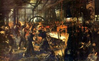Sociale kwestie - Werkomstandigheden in een ijzerwalsfabriek (Adolph Menzel, ca. 1875)