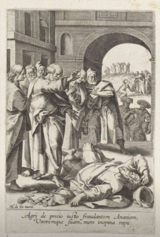 Maarten de Vos, De dood van Ananias, 1590-1600. Gravure, 194 x 127 mm. Rijksmuseum, Amsterdam