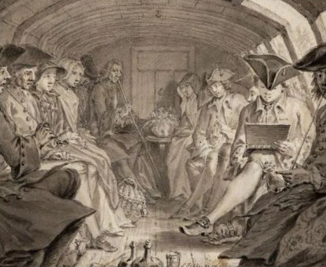 Het tekencollege in de trekschuit, door Simon Fokke (1760) - Publiek Domein - wiki