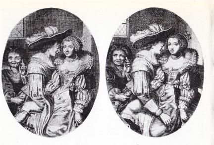 Censuur in de 17e eeuw. de arm van de edelman rechts is links in het niets verdwenen. (Uit: H.W.J. Volmuller: Het oudste beroep)