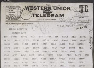 Het originele telegram zoals het vanuit de Duitse ambassade in Washington naar de Duitse ambassade in Mexico werd gestuurd (The U.S. National Archives)