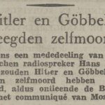 Bericht in de Bredasche courant van 3 mei 1945 over de dood van Hitler en Goebbels (Delpher)