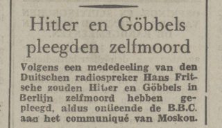 Bericht in de Bredasche courant van 3 mei 1945 over de dood van Hitler en Goebbels (Delpher)