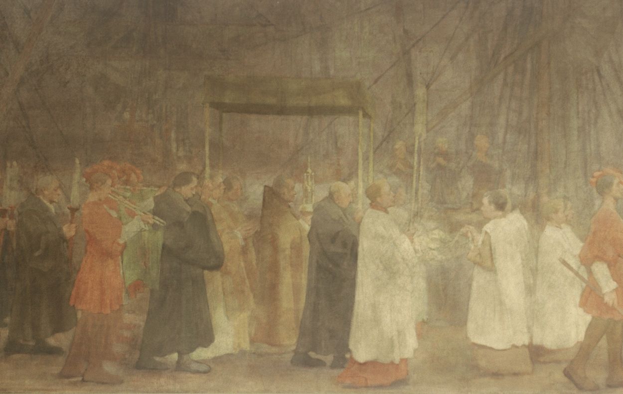 De processie, afgebeeld door Antoon Derkinderen, te zien in de Begijnhofkapel - Detail