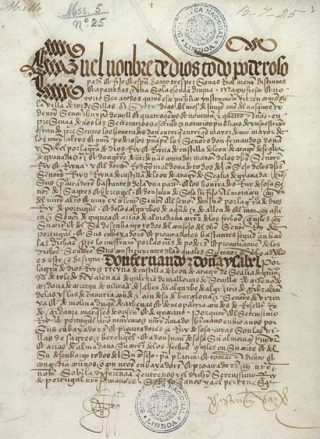 Eerste pagina van het Verdrag van Tordesillas (Nationale Bibliotheek in Lissabon)