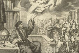 Desiderius Erasmus ontvangt het boek der waarheid, Jacobus Baptist, naar Hillebrand van der Aa, naar Willem van Mieris, 1703 - 1706 (Rijksmuseum Amsterdam, detail)
