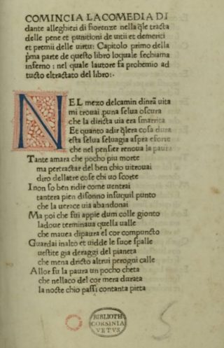 Incipit van de eerste druk van 'De goddelijke komedie' in 1472 door Johann Neumeister, gedrukt in Foligno. - wiki