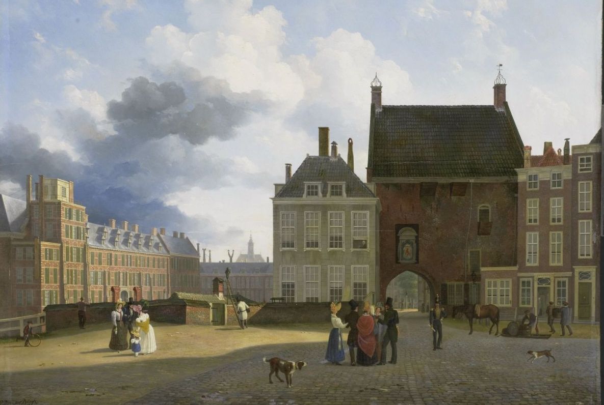 De Gevangenpoort en Plaats te Den Haag. Schilderij: Pieter Daniel van der Burgh, 1825 – 1860. Naast de Gevangenpoort bevond zich de galerij met de schilderijencollectie. Rijksmuseum, Amsterdam.