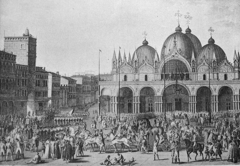 Het weghalen van de ‘Paarden van Venetië’ in december 1797, naar een tekening van Carle Vernet (1758-1836). Deze paarden sierden de voorgevel van de basiliek San Marco in Venetië. De Venetianen hadden ze in bezit gekregen door de plundering in 1204 van Constantinopel tijdens de Vierde Kruistocht. Toen Napoleon in 1797 Venetië veroverde, gaf hij opdracht de paarden weg te halen en over te brengen naar Parijs. Daar kregen zij een plaats op de Arc de Triomphe du Carrousel. In 1815 keerden de paarden terug naar Venetië. Wikimedia Commons.