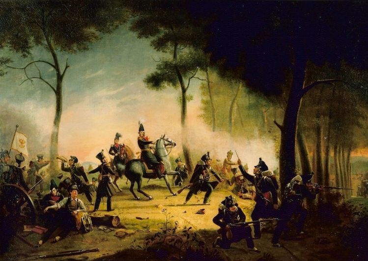 De Vrijwillige Jagers der Leijdsche Hoogeschool, in het Avond gevecht te Bautersem, op 11 Augustus 1831, door Jacobus Schoemaker Doyer (1792-1867)