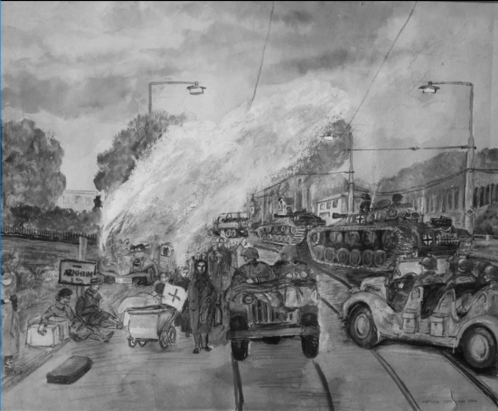 Het boek bevat diverse tekeningen van Leo Brameijer (1929-1984), echtgenoot van Tineke Boels, één van de medewerkers aan het boek. Hier vluchtende Arnhemmers in de chaos op de Velperweg, aan de rand van de stad.