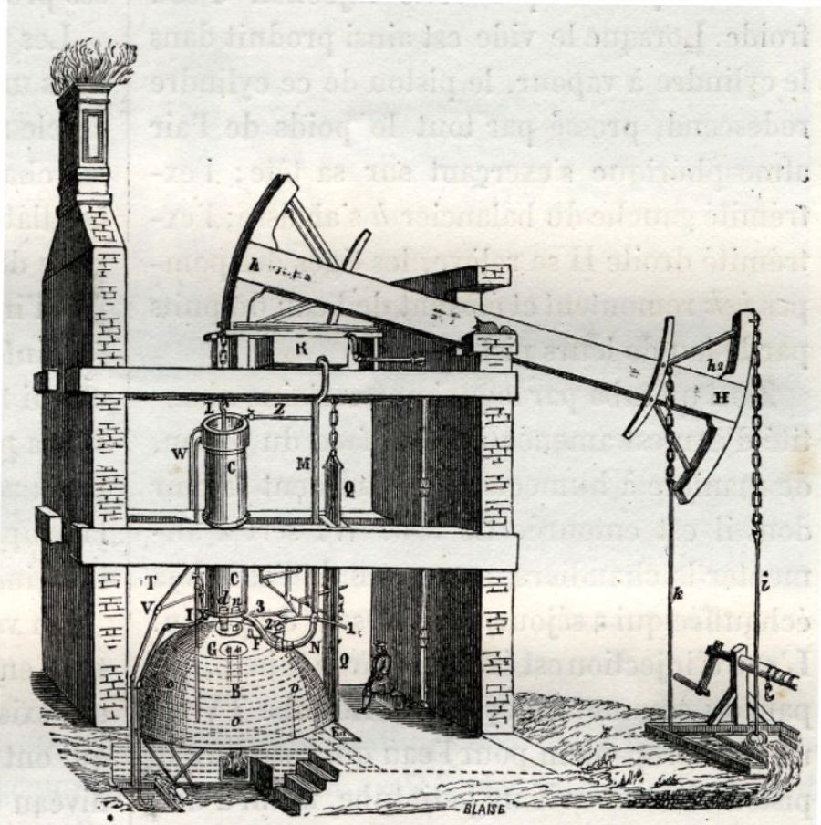 De stoommachine van Newcomen uit 1709.