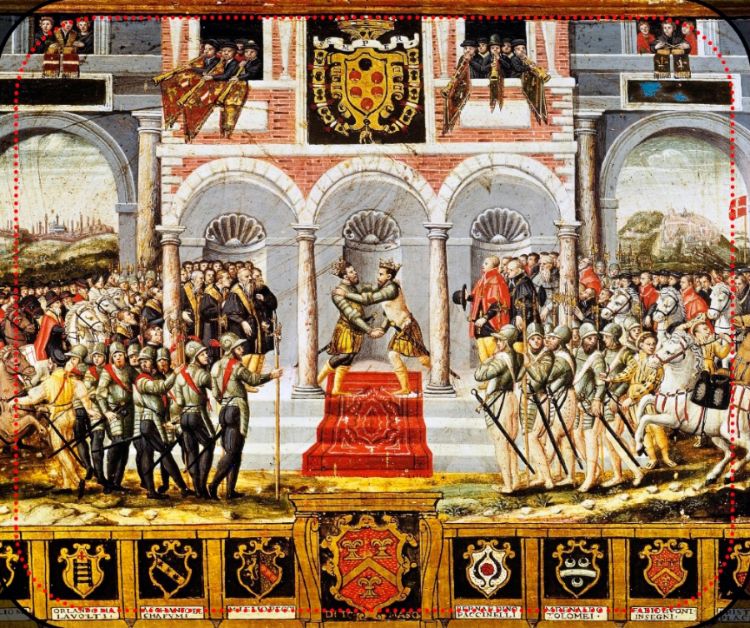 De vrede van Cateau-Cambrésis of de symbolische verzoening tussen Frankrijk en Spanje (Palazzo Pubblico (Siena)).