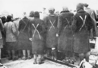 Vrouwelijke gevangenen in Ravensbrück met een wit kruis op de rug, geselecteerd voor vervoer naar Neuengamme (Rode Kruis Zweden)