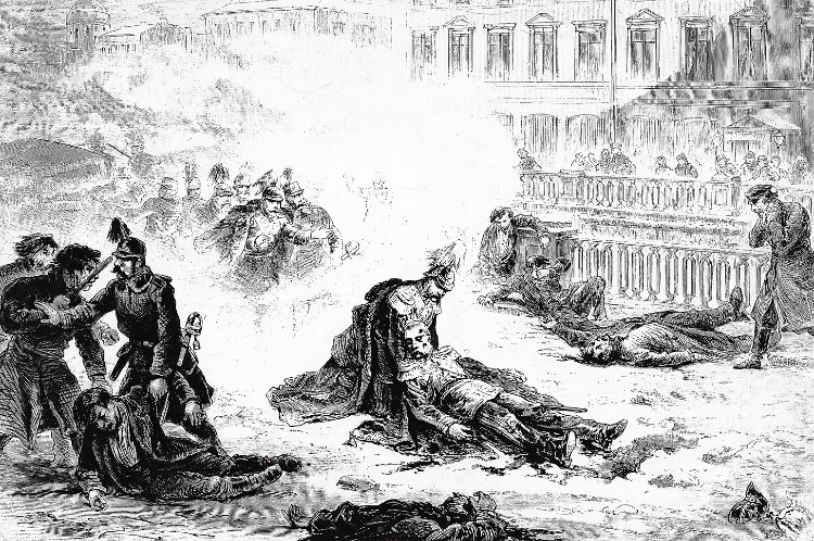 Tekening van de moordaanslag op Alexander II  in 1881
