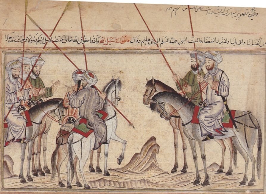 Mohammed vermaant zijn familie vlak voor de slag bij Badr - Illustratie uit de Jami' al-tawarikh van de historicus Rashid al-Din (wiki)