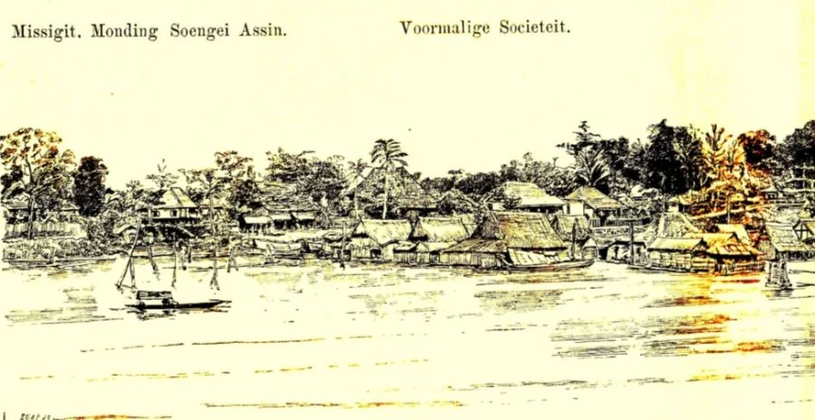 Djambi gezien vanaf de rivier, tekening door luitenant W.J. Cohan Stuart (Wikimedea Commons)