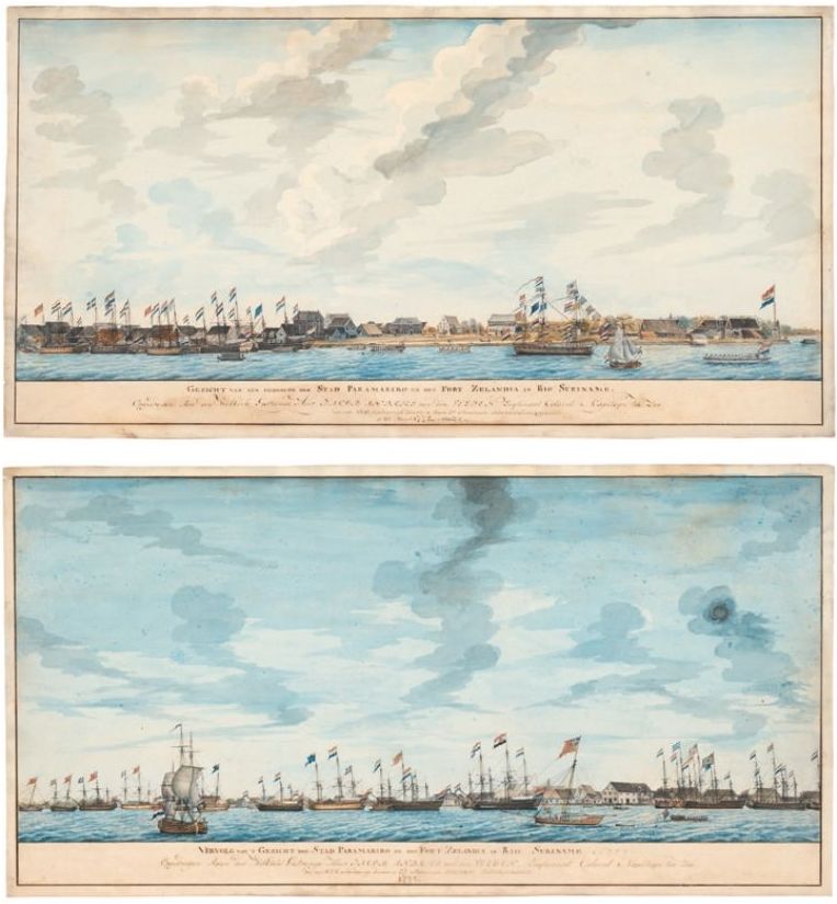 Boven: Gezicht op Paramaribo en Fort Zeelandia, 8 maart 1772 Onder: Gezicht op Paramaribo, 8 maart 1772