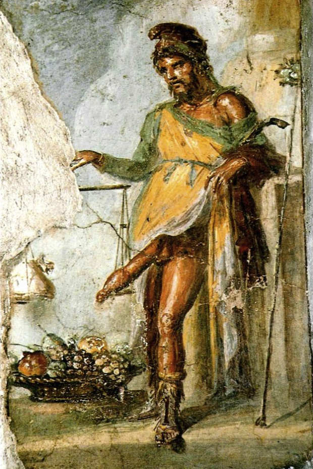 Priapus (Priapos), muurschildering in Pompeï (Publiek Domein - wiki)