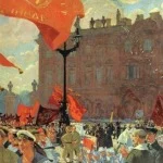 Schilderij van een activiteit van de Komintern, gemaakt door Boris Kustodiev