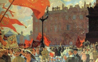 Schilderij van een activiteit van de Komintern, gemaakt door Boris Kustodiev