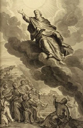 Illustratie van Henoch die ten hemel vaart uit Figures de la Bible (1728) - Gerard Hoet, wiki