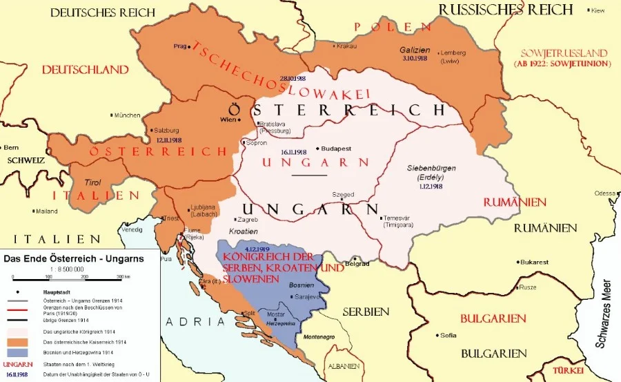 Na de Eerste Wereldoorlog werd het grondgebied van Oostenrijk-Hongarije opgesplitst in een tiental deels nieuwe staten. Veel etnische Hongaren raakten hun ‘moederland’ kwijt. (cc - wiki)