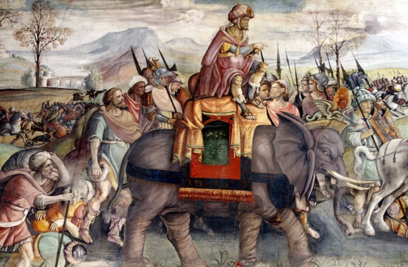 Hannibal trekt over de Alpen, detail van een fresco van ca 1510, Palazzo del Campidoglio (Capitolijns Museum), Rome